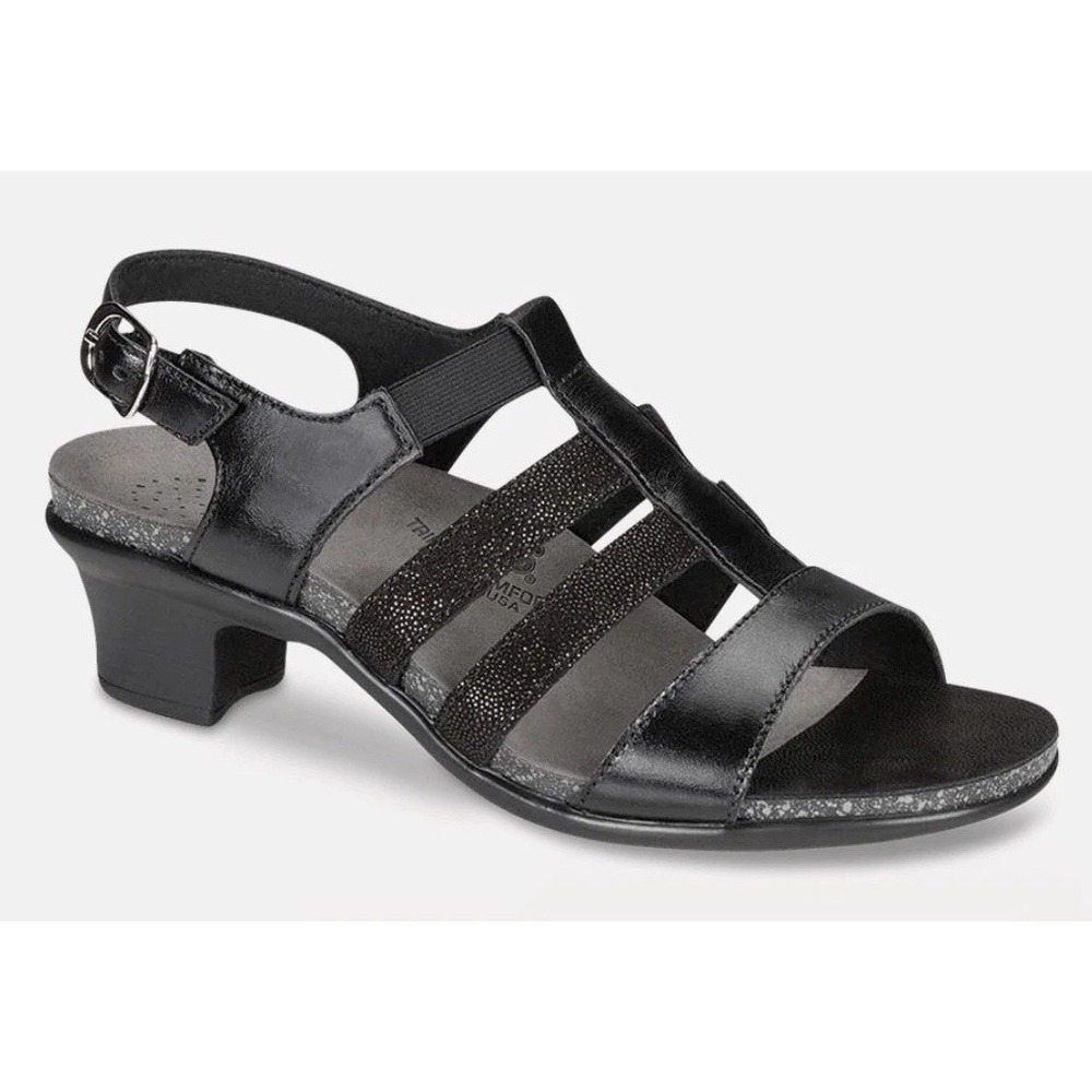 NIB SAS Allegro Sandal 9.5 M Black Leather Strappy Block Heel Comfort Shoes USA